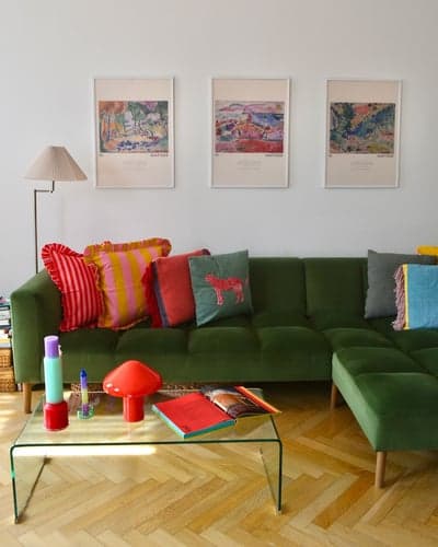 Vibrant Maximalist Living Room with Green Velvet Sofa