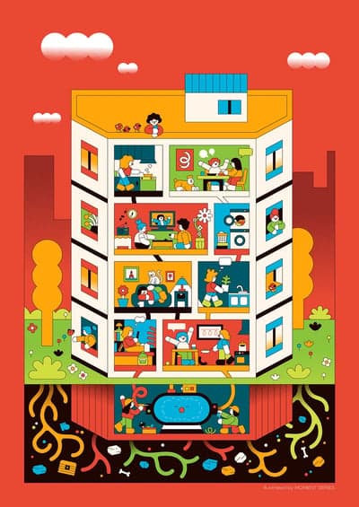 Cross-Section Illustration of Urban Apartment Life