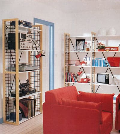 Retro 1980s Interior with Red Sofa and Modular Shelving