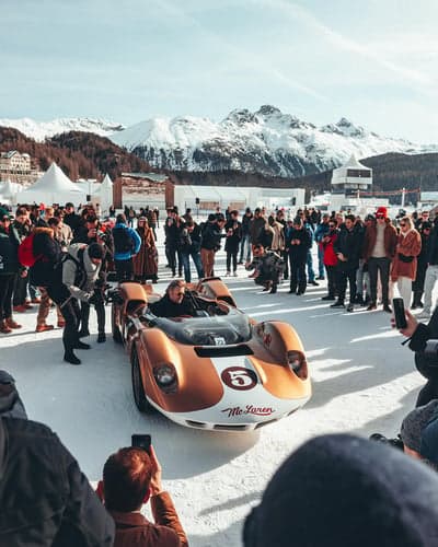 Vintage McLaren Race Car on Snow at St. Moritz