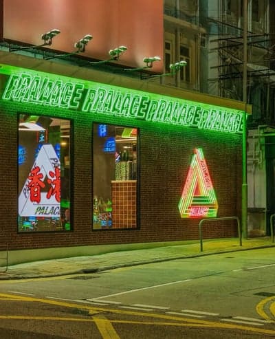 Palace Skateboards Neon Storefront at Night