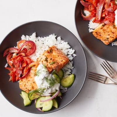 Salmon Rice Bowls with Roasted Veggies and Tzatziki