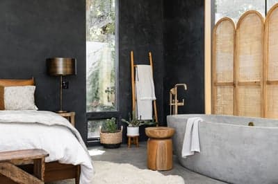 Modern Minimalist Bedroom and Concrete Bathroom Suite
