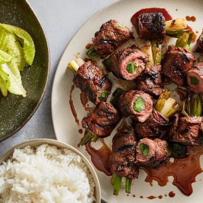 Grilled Beef and Scallion Rolls with Rice