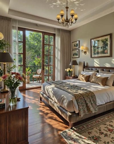 Elegant Traditional Bedroom with Sunlit Balcony