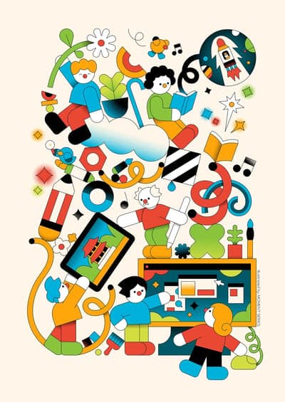 Whimsical Creative Tools and Characters Illustration