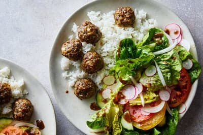 Meatballs and Rice with Fresh Garden Salad