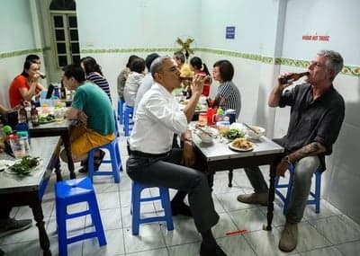 Obama and Bourdain Sharing a Meal in Hanoi