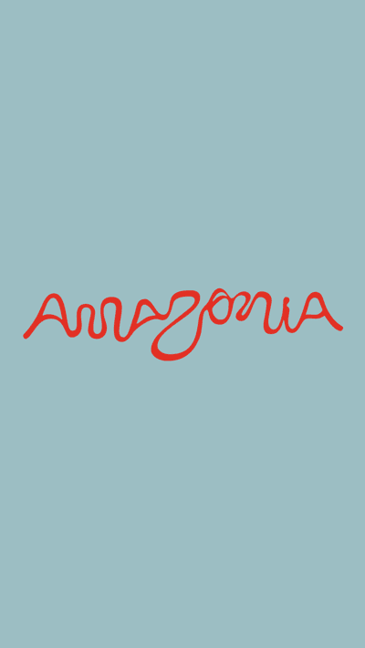 Amazonia Stylized Red Script on Blue-Gray Background