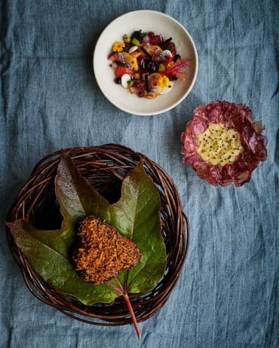 Artistic Fine Dining Plating on Blue Linen