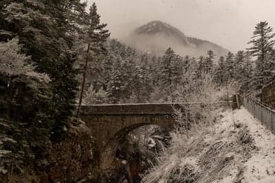 Stone Arch Bridge in Snowy Alpine Forest