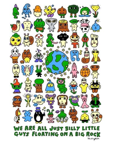 Silly Little Guys Floating on a Big Rock Illustration