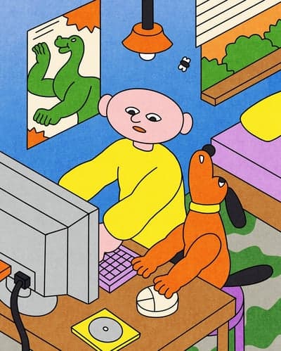 Quirky Illustration of a Person and Dog at a Computer