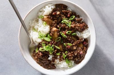 Lentil Stew and Rice Bowl with Green Onions