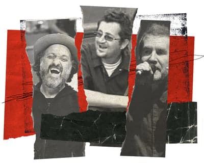 Monochrome Portrait Collage on Red Background