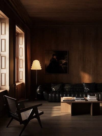Moody Dark Wood Study with Modernist Furniture