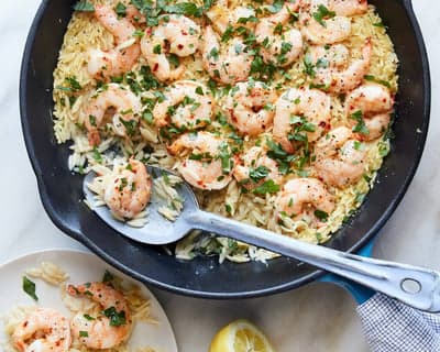 Lemon Garlic Shrimp and Orzo Skillet