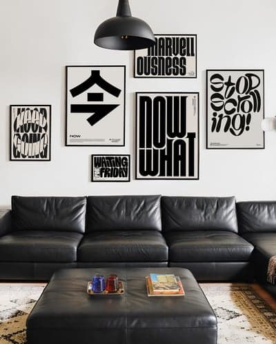 Modern Monochromatic Living Room with Typographic Art
