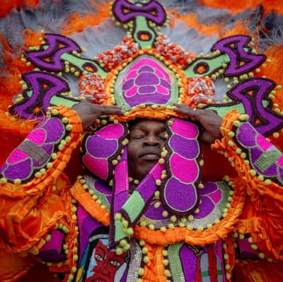Mardi Gras Indian in Intricate Beaded Regalia