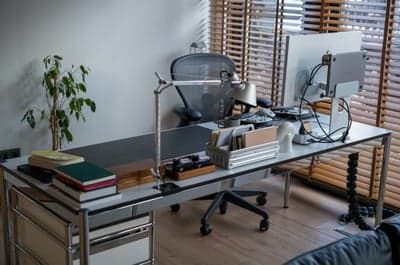 Modern Minimalist Home Office with Wooden Blinds