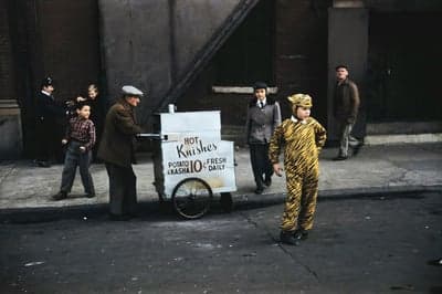 Vintage New York Street Scene with Knish Cart