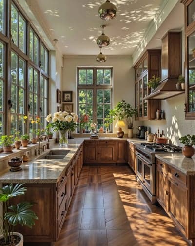 Sun-Drenched Rustic Kitchen with Large Windows